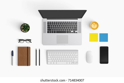 Modern workspace with coffee cup, smartphone, paper, notebook, tablet and laptop copy space on white color background. Top view. Flat lay style. - Powered by Shutterstock