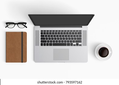 Modern workspace with coffee cup, smartphone, paper, notebook, tablet and laptop copy space on white color background. Top view. Flat lay style. - Powered by Shutterstock