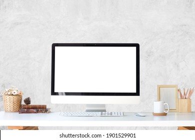 Modern workspace with computer with blank screen and equipment on white table.Blank screen for your information.
 - Powered by Shutterstock