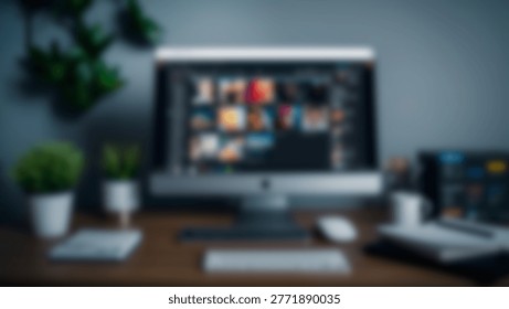 A modern workspace featuring a computer display, keyboard, mouse, and various office supplies arranged on a wooden desk. The scene includes plants and a clean, organized setup.