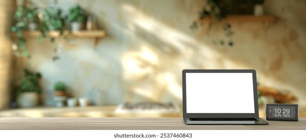 A modern workspace featuring a laptop with a blank screen and a digital clock against a cozy background filled with plants and natural light. 3D render - Powered by Shutterstock