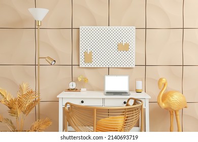 Modern Workspace With Golden Palm, Flamingo And Peg Board On Wall