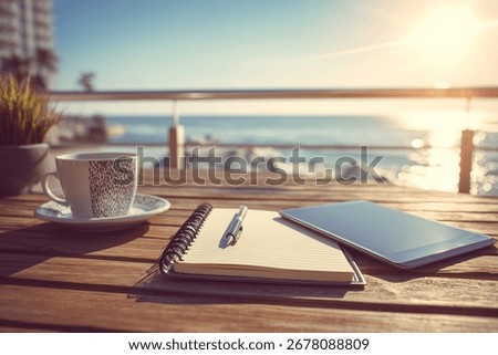 A modern workspace setup featuring a notebook, coffee cup, and tablet overlooking a serene ocean view in bright sunlight.