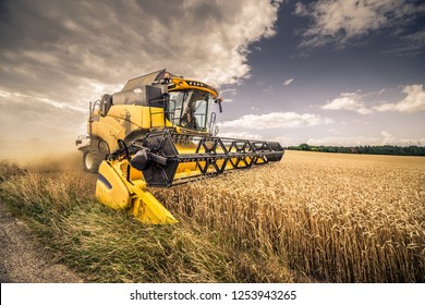 Modern yellow combine harvesting wheat in the summer in Czech Republic South Moravia before the rain. Agricultural machine harvester working in the field.