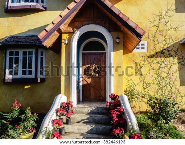 Modern Yellow House Wooden Door Red Stock Photo Edit Now 382446193