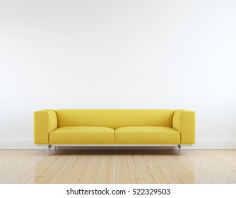 Modern Yellow Sofa In White Room Interior Parquet Wood Floor.