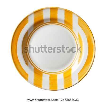 Modern Yellow and White Patterned Ceramic Plate. White plate with yellow rim, isolated on white background with clipping path, Top view  