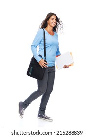 Modern Young Female College Student Walking Isolated