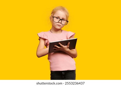 Modern youth engaged with a handheld device, exploring the digital world, amidst a vibrant yellow background, symbolizing tech-savvy education and play. Bright, cheerful, and focused - Powered by Shutterstock