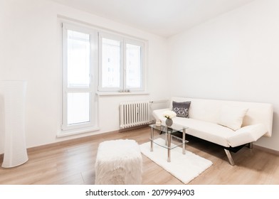 Modernly Furnished Living Room In Small City Apartment. Simplicity And Airiness Are Main Features Of The Room,which Is Dominated By Sofa With Coffee Table,there Are Also Small Decorative Accessories.