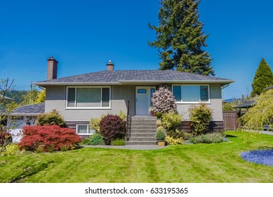 Modest Family House With Blossoming Flowers On The Front Yard