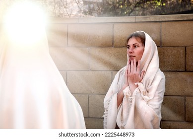 Modest holy bless devote awe young saint human faith pray say Lord hand ask help life jew maid lady face fear old retro white light Arab cloth. Admire joy glory son gospel hope Israeli home yard house