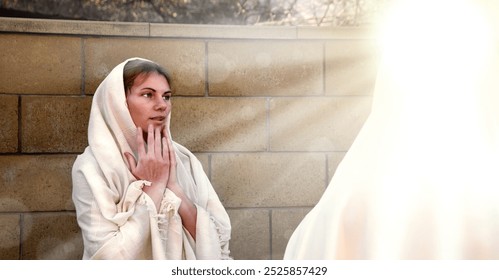 Modest holy bless devote awe young saint human faith pray say Lord hand ask help life jew maid lady face fear old retro white light Arab cloth. Admire joy glory son gospel hope Israeli home yard house