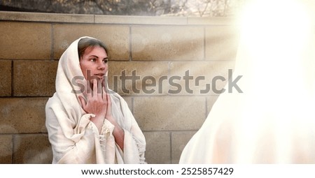 Modest holy bless devote awe young saint human faith pray say Lord hand ask help life jew maid lady face fear old retro white light Arab cloth. Admire joy glory son gospel hope Israeli home yard house