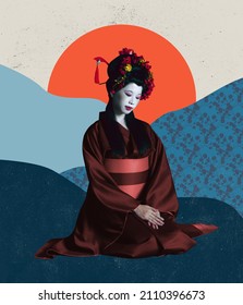 Modesty. Artwork. Young japanese woman as geisha isolated on absract colorful background. Japanese style, contemporary art collage, Beautiful female model like historical character, old-fashioned.