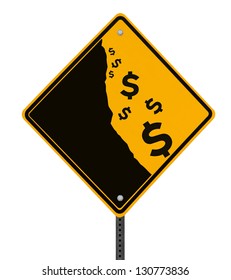 A Modified Road Sign On The Dollar Currency Falling Off A Cliff (isolated With Clipping Path)