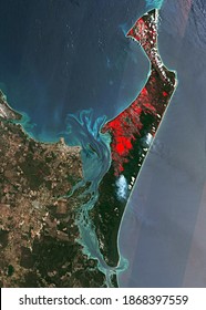 Modified Satellite Image That Shows Ongoing Wild Fire And Burned Areas In Red On Fraser Island, Australia On December 5, 2020. Contains Modified Copernicus Sentinel Data 2020.