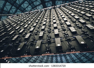 Modular LED display for a display screen wall to project video walls on the mounted led modular panel system. grid video rgb diode light mesh equipment for video grip billboard digital screen panel