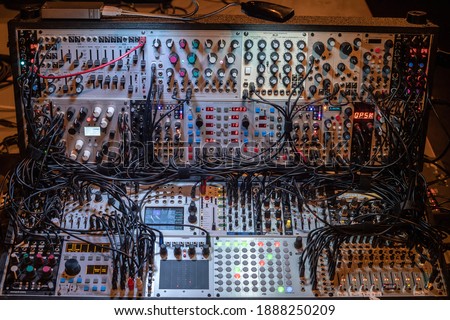 Modular synthesizer on stage ready for use for a performance in the old pop stage in Utrecht.