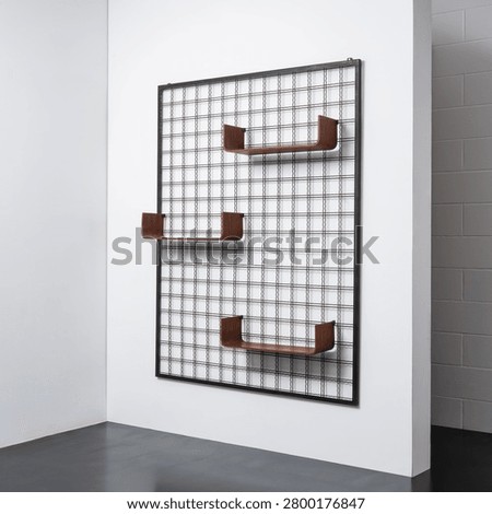 Modular wall bookcase with metal frame and curved wood shelves.