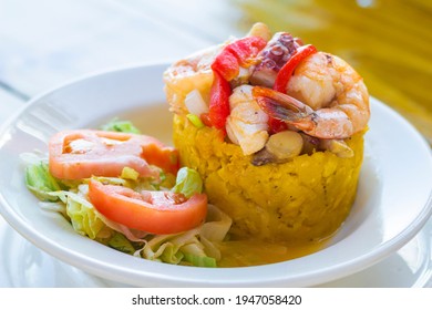 Mofongo With Shrimp And Octopus Puerto Rico Traditional Seafood Plate	