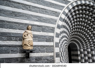 Mogno, Switzerland - September 21, 2020. The church of San Giovanni Battista in the Maggia Valley was built of local gneiss and marble and designed by renown Swiss architect Mario Botta.