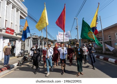 Mogok,Myanmar-10th February 2021:A Group Of Protesters Peacefully Protest ,civil Disobedience Movement,a Red Ribbon Campaign And Election Results By Elected Representatives.