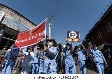 Mogok,Myanmar-10th February 2021:A Group Of Protesters Peacefully Protest ,civil Disobedience Movement,a Red Ribbon Campaign And Election Results By Elected Representatives.