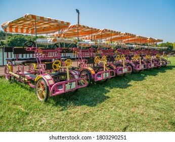 Mogosoaia/Romania - 07.29.2020: Four Wheel Sightseeing Tourist Go Carts With Pedals.