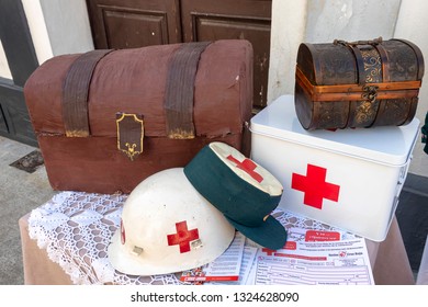 Moguer, Huelva, Spain - February 24, 2019: Goods of red cross, Historical and military on display in the Moguer 1900 Vintage Fair, to commemorate the Juan Ramon Jimenez epoch