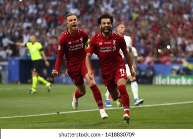 Mohamed Salah of Liverpool celebrates with Jordan Henderson after scoring the 1st goal - Tottenham Hotspur v Liverpool, UEFA Champions League Final, Wanda Metropolitano Stadium, Madrid - 1st June 2019