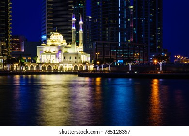 Mohammed Bin Ahmed Almulla Mosque in Dubai Marina at night - Shutterstock ID 785128357