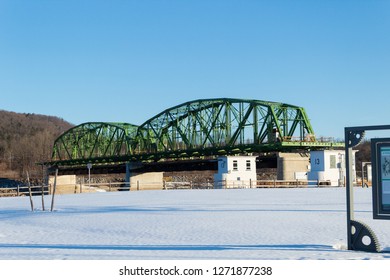 Mohawk, NY / USA - March 24, 2018:
Bridge Over The Mohawk River/Erie Canal At Morning Light Viewed From The Mohawk Valley Welcome Center Parking Lot. 