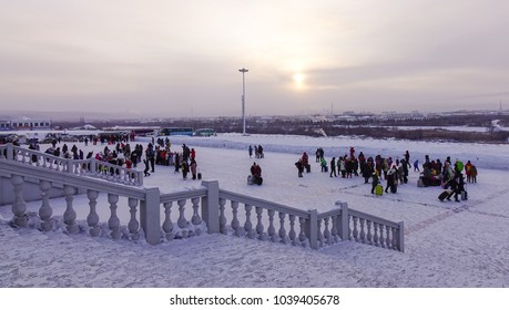 Mohe, China - Feb 19, 2017. People Walking On Main Square At Winter In Mohe County, Heilongjiang Province, China.