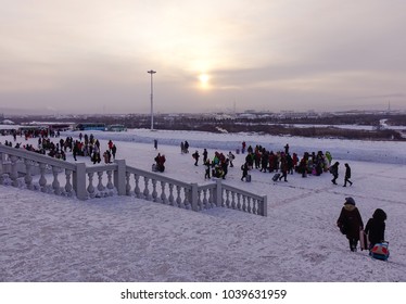 Mohe, China - Feb 19, 2017. People Walking On Main Square In Mohe County, Heilongjiang Province, China.