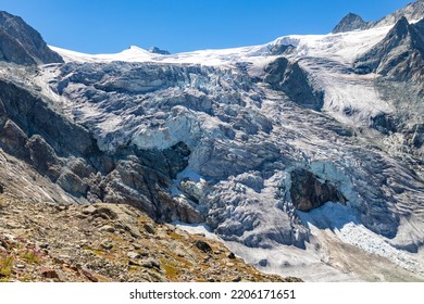 Moiry Glacier, located in the Swiss Alps. Photo taken from Cabane de Moiry, located near this glacier in Switzerland.