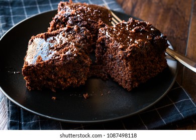 Moist Chocolate Sponge Cake Brownie Pieces in Black Plate - Shutterstock ID 1087498118