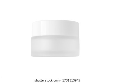 Moisturizer Cream Or Lotion White Glass Jar Mockup Isolated On White Background. Skincare Routine Cosmetic Product. Blank Body And Health Care Packaging