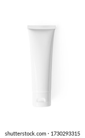 Moisturizer Hand Cream White Plastic Tube Mockup Isolated On White Background, Top View. Skincare Routine, Above. Blank Body And Health Care Beauty Product Packaging