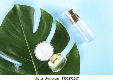 Moisturizing care skincare face cream for healing complicated troubled skin type in an open jar with visible texture. Copy space, close up, background, flat lay, top view. Monstera leaf decoration.