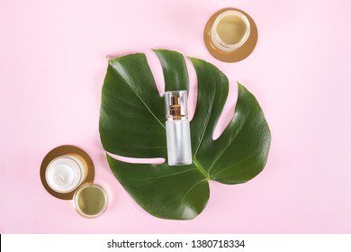 Moisturizing care skincare face cream for healing complicated troubled skin type in an open jar with visible texture. Copy space, close up, background, flat lay, top view. Monstera leaf decoration.