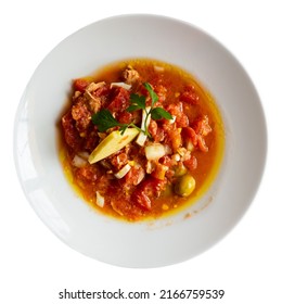 Mojete Con Queso, Simple Dish Made From Tomatoes, Canned Tuna, Eggs, Olives, Onion, Garlic And Virgin Olive Oil, Garnished With Cheese, Cuisine Of La Mancha, Spain. Isolated On White Background