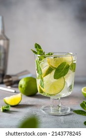 Mojito Cocktail With Ice Cubes, Lime And Mint In A Glass. Summer Refreshing Drink. Side View, Close Up. Bar Menu. Mohito Recipe. Cuban Lemonade Water And Lime Alcohol For Restaurant Bar.