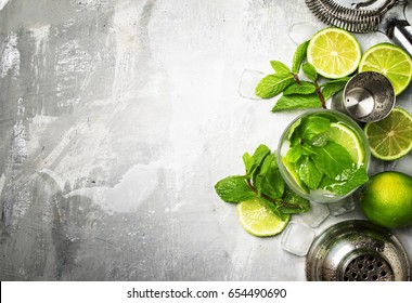 Mojito Cocktail Ingredients And Bar Tools, Drink Background, Top View