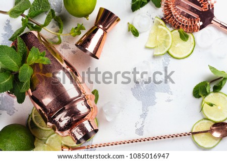Mojito cocktail ingredients. Making mojito concept. Mint, lime, ice and bar tools. Copy space