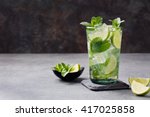 Mojito cocktail with lime and mint in highball glass on a grey stone background Copy space