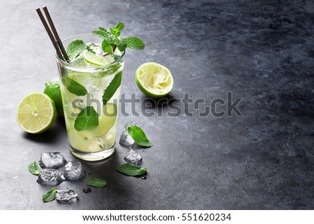 Mojito cocktail on dark stone table. With space for your text 