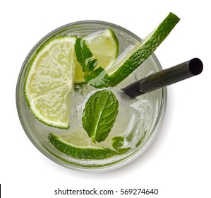 Mojito cocktail or soda drink with lime and mint isolated on white background. From top view