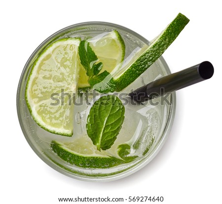 Mojito cocktail or soda drink with lime and mint isolated on white background. From top view