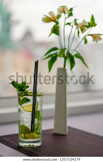 Mojito Cocktail Vertical Shot Vase Flowers Stock Photo Edit Now